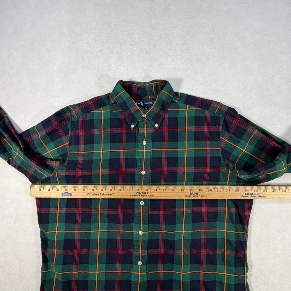 Ralph Lauren Mens Large Plaid Button Down Shirt Classic Fit Green Navy Blue